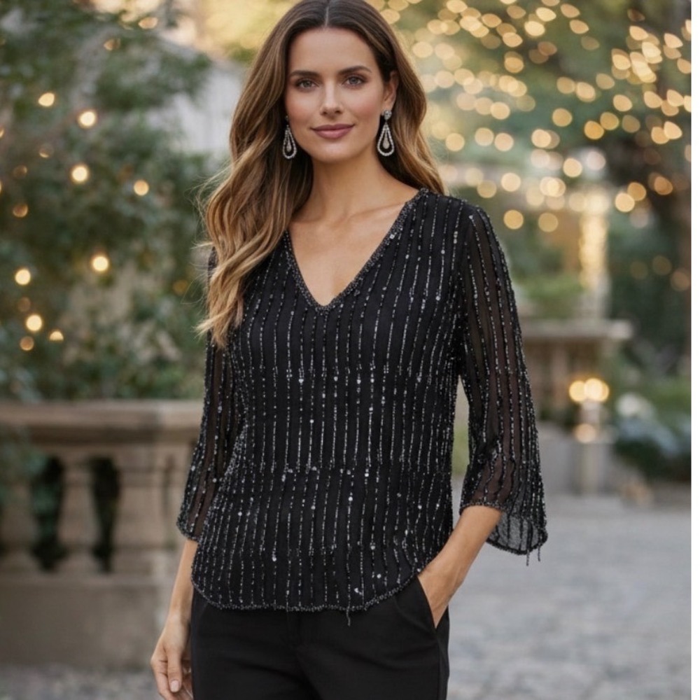 Papell Studio Womens Black 100% Silk Beaded Sequin V-Neck Blouse Top Size L‎